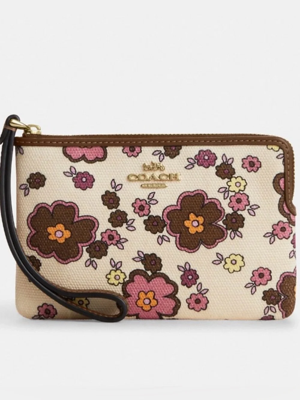 Coach Floral Zip Wristlet in Cream, Pink & Brown